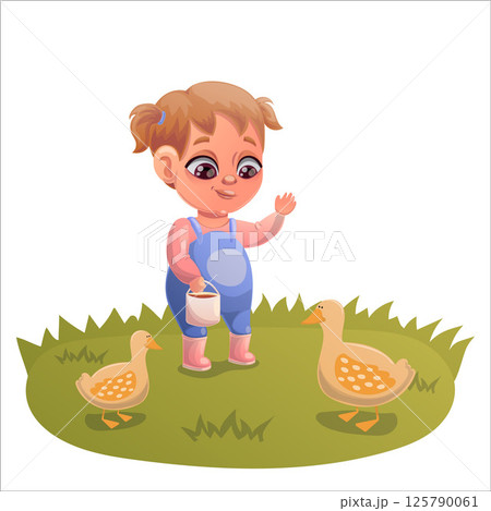 Illustration of a child doing gardening and animal husbandry 125790061