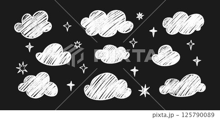 Chalk clouds and stars kid drawing set - white hand drawn style outlines, sketched crayon on black background. Childish shapes with grunge texture - doodle design elements collection. Chalk clouds and stars kid drawing set - white hand drawn style outlines, sketched crayon on black background. Childish shapes with grunge texture - doodle design elements collection. 125790089