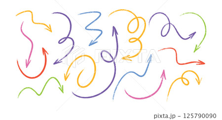 Pastel crayon arrows pack - hand sketched curved lines, round swirls, pointers. Colorful artistic doodles, pencil chaotic scribbles design elements. Chalk marker stroke drawings vector set. Pastel crayon arrows pack - hand sketched curved lines, round swirls, pointers. Colorful artistic doodles, pencil chaotic scribbles design elements. Chalk marker stroke drawings vector set. 125790090