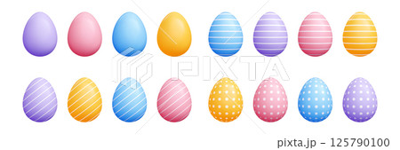 3d vector pastel Easter egg set - colorful solid oval cartoon shapes, striped diagonal lines, polka dots, decorative drawing. Cute geometric patterns for graphic seasonal spring holidays design. 3d vector pastel Easter egg set - colorful solid oval cartoon shapes, striped diagonal lines, polka dots, decorative drawing. Cute geometric patterns for graphic seasonal spring holidays design. 125790100