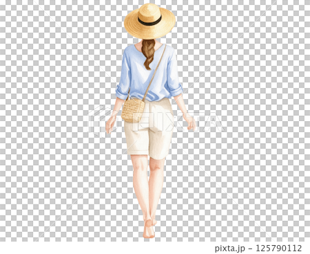 Relaxed vacation look, watercolor character behind wearing casual outfit 125790112