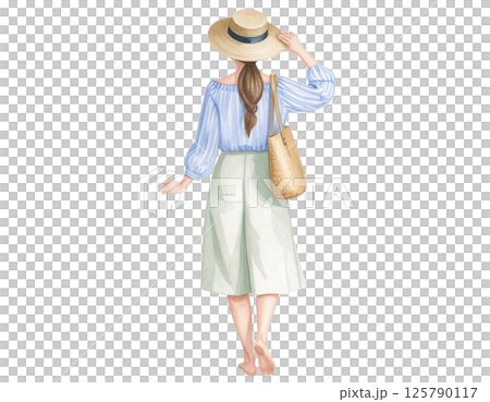 Relaxed vacation look, watercolor character behind wearing casual outfit Relaxed vacation look, watercolor character behind wearing casual outfit 125790117