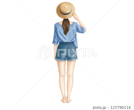 Relaxed vacation look, watercolor character behind wearing casual outfit 125790118