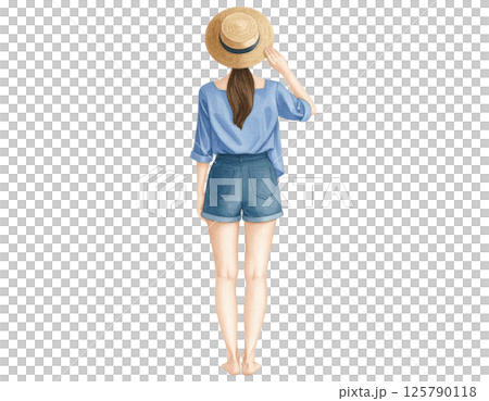 Relaxed vacation look, watercolor character behind wearing casual outfit Relaxed vacation look, watercolor character behind wearing casual outfit 125790118