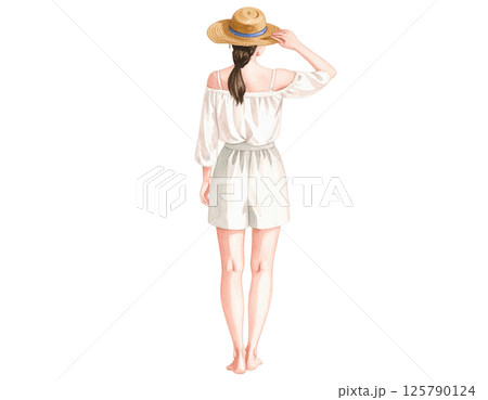 Relaxed vacation look, watercolor character behind wearing casual outfit 125790124