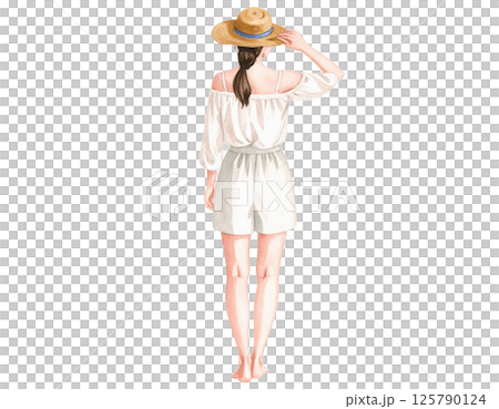 Relaxed vacation look, watercolor character behind wearing casual outfit 125790124