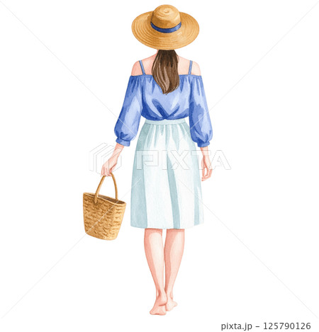 Relaxed vacation look, watercolor character behind wearing casual outfit 125790126