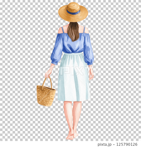 Relaxed vacation look, watercolor character behind wearing casual outfit 125790126