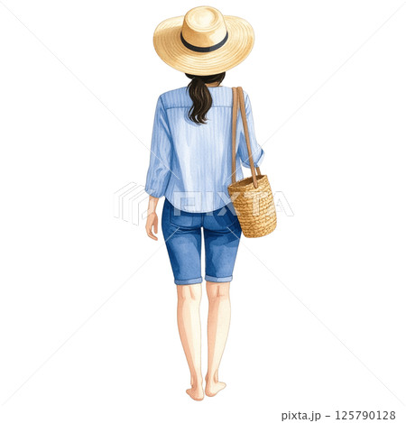 Relaxed vacation look, watercolor character behind wearing casual outfit 125790128