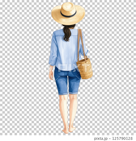 Relaxed vacation look, watercolor character behind wearing casual outfit 125790128