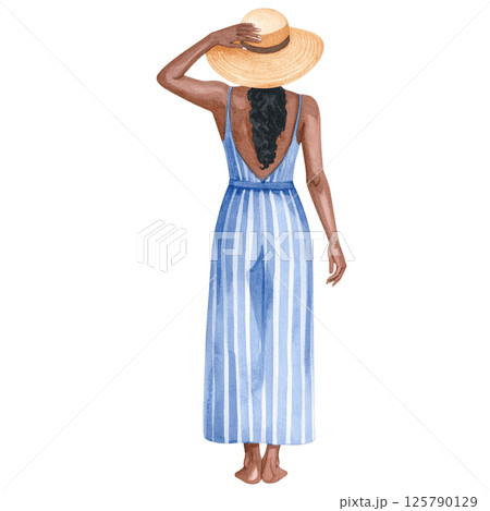 Relaxed vacation look, watercolor character behind wearing casual outfit 125790129
