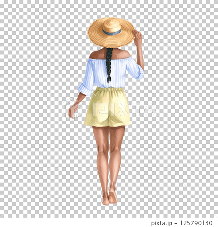 Relaxed vacation look, watercolor character behind wearing casual outfit 125790130