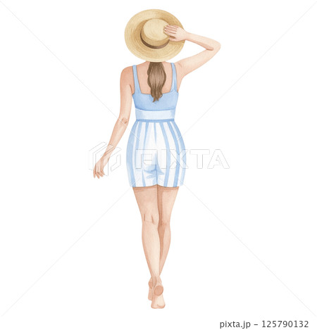 Relaxed vacation look, watercolor character behind wearing casual outfit 125790132