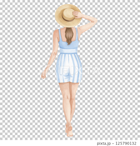 Relaxed vacation look, watercolor character behind wearing casual outfit 125790132