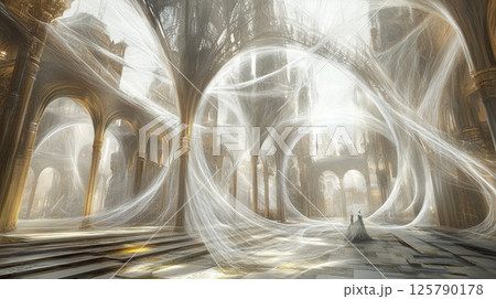 ファンタジー世界の荘厳な大聖堂と神秘的な光の繭 125790178