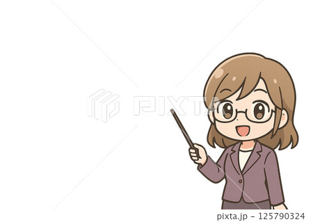 解説する女性キャラクター｜指示棒を持つスーツ姿のアニメ風イラスト 125790324