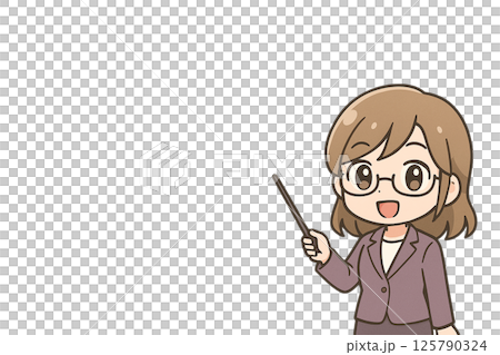 解説する女性キャラクター｜指示棒を持つスーツ姿のアニメ風イラスト 125790324