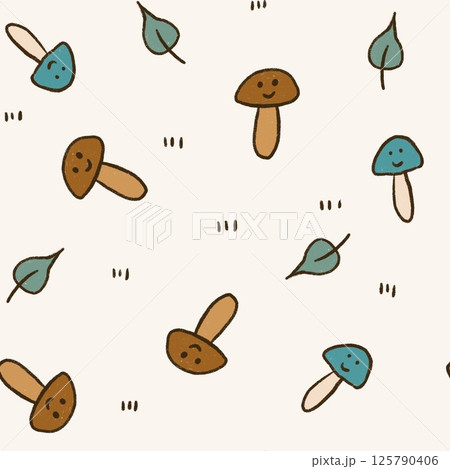 Hand drawn seamless pattern with beige brown forest wood mushrooms. Woodland minimalist toadstool wild fungus fungi, nature poisonous plant organic season. Gender neutral nursery design. 125790406