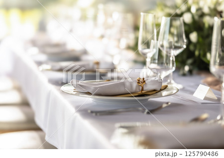 A wedding table covered with a white tablecloth, decorated with flowers, candles, glasses and cutlery 125790486