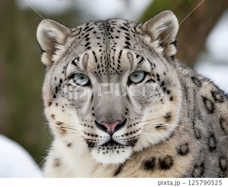 portrait of Snow leopard close-up in winter forest, wild life 125790525