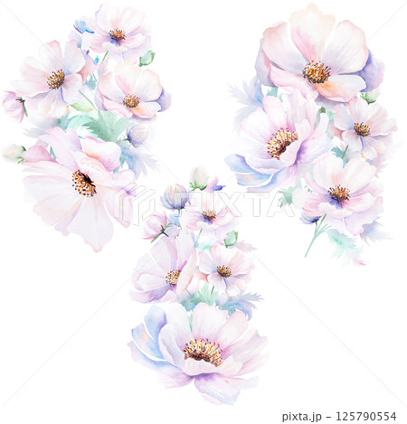 Watercolor bouquets with pink peony flowers and leaves, pastel romantic wedding isolated illustration 125790554