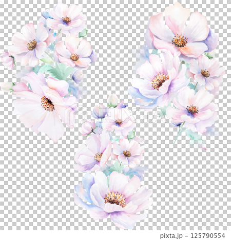 Watercolor bouquets with pink peony flowers and leaves, pastel romantic wedding isolated illustration 125790554