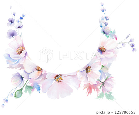 Frame made with watercolor pink peony flowers and leaves, pastel wedding isolated illustration Frame made with watercolor pink peony flowers and leaves, pastel wedding isolated illustration 125790555