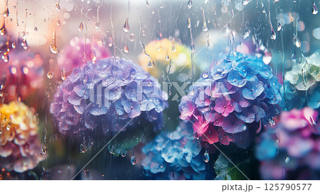 雨の中のあじさいイラスト　generative ai 125790577