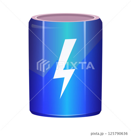 Energy drink can in blue with white lightning. Flat style. 125790636
