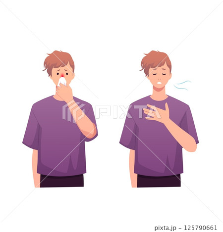 Unhealthy breathing men, runny nose symptom and mouth breathing vector flat illustration, flu, influenza, fever sickness 125790661