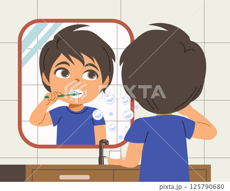 Baby Boy Morning Routine Brushing Teeth in the Bathroom Vector Illustration 125790680