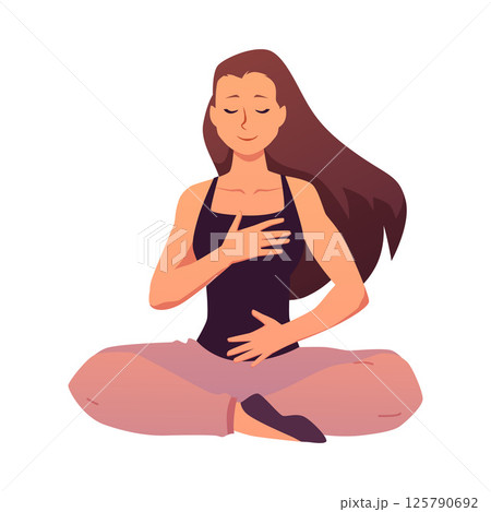 Woman in lotus posture makes calm breathing exercise, holding chest and stomach with close eyes vector flat illustration 125790692