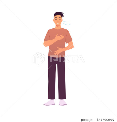 Man standing makes calm breathing exercise, breathe out and in holding chest and stomach, eyes close vector illustration Man standing makes calm breathing exercise, breathe out and in holding chest and stomach, eyes close vector illustration 125790695