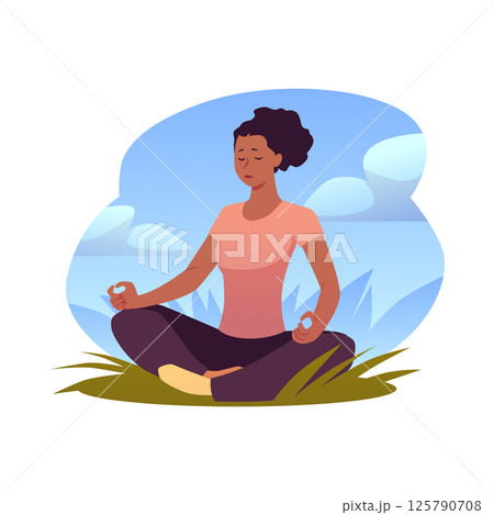 Woman dark skinned in lotus posture on lawn makes breathing exercise and meditation on nature vector flat illustration Woman dark skinned in lotus posture on lawn makes breathing exercise and meditation on nature vector flat illustration 125790708