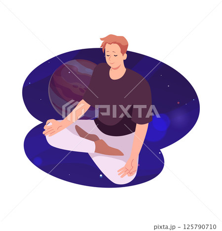Man in lotus posture makes calm breathing exercise and meditation on space scenery, yoga practice vector illustration Man in lotus posture makes calm breathing exercise and meditation on space scenery, yoga practice vector illustration 125790710
