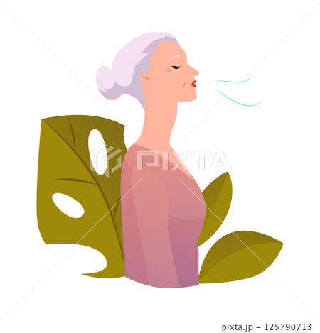 Vector portrait of elderly woman with grey hair doing breathing exercises. Vector portrait of elderly woman with grey hair doing breathing exercises. 125790713
