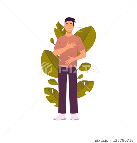 Man standing makes calm breathing exercise on floral backdrop, holding chest and stomach, eyes close vector illustration Man standing makes calm breathing exercise on floral backdrop, holding chest and stomach, eyes close vector illustration 125790719