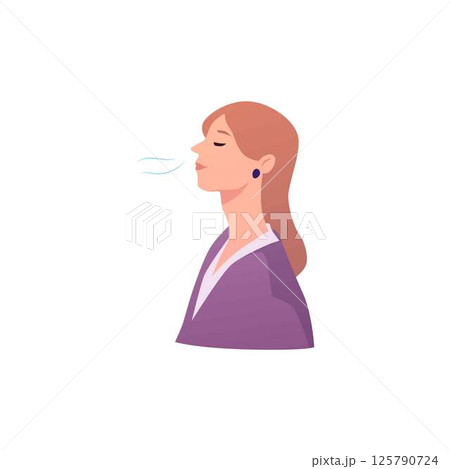 Young woman standing makes calm breathing exercise, breathe out and in with eyes closed vector flat illustration 125790724