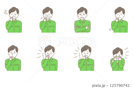 様々な生理現象を表現した作業着の男性のイラストセット 様々な生理現象を表現した作業着の男性のイラストセット 125790742