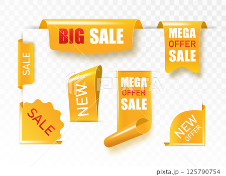 Golden satin ribbon tag. Gold textile label for sale promotion text. Discount and special offer badge. Vector Golden satin ribbon tag. Gold textile label for sale promotion text. Discount and special offer badge. Vector 125790754