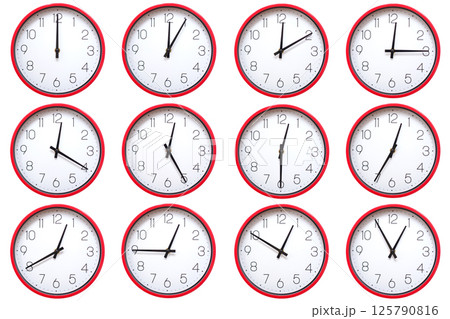 A set of 12 red wall clocks showing each hour from 00:00 to 00:55 or 12:00 to 12:55. Isolated on white background ideal for concepts related to time A set of 12 red wall clocks showing each hour from 00:00 to 00:55 or 12:00 to 12:55. Isolated on white background ideal for concepts related to time 125790816