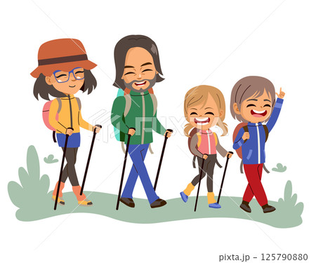 Happy Family Hiking Outdoors Summer Recreation Vector Illustration 125790880