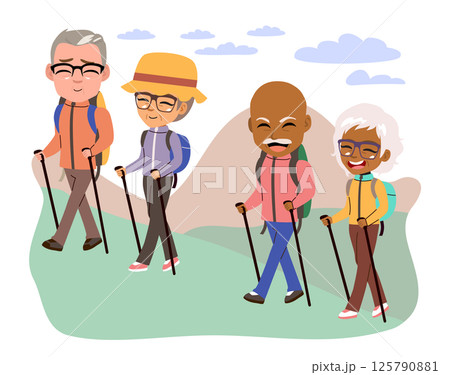 Senior Friends Traveling with Backpacks Hiking Concept Vector Illustration 125790881
