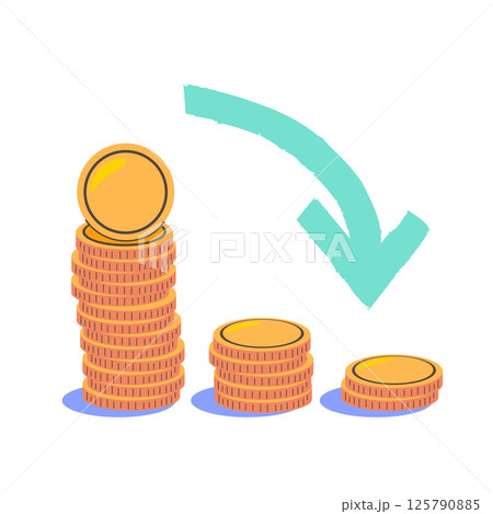Gold Price Drop Falling Arrow and Coin Stack Vector Illustration 125790885