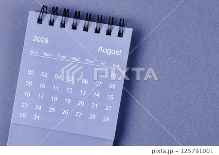 August 2026 Monthly desk calendar for 2026 year on blue background. 125791001