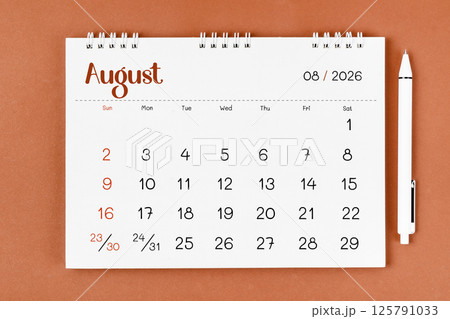 August 2026 Monthly desk calendar for 2026 year and pen. 125791033