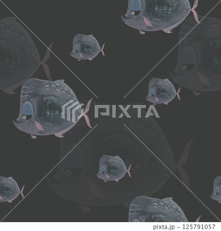 Muted fish seamless pattern on black background. Dark marine design. Hand-painted watercolor illustration of pensive fish. Perfect for stylish school supplies, textile, wrapping paper Muted fish seamless pattern on black background. Dark marine design. Hand-painted watercolor illustration of pensive fish. Perfect for stylish school supplies, textile, wrapping paper 125791057