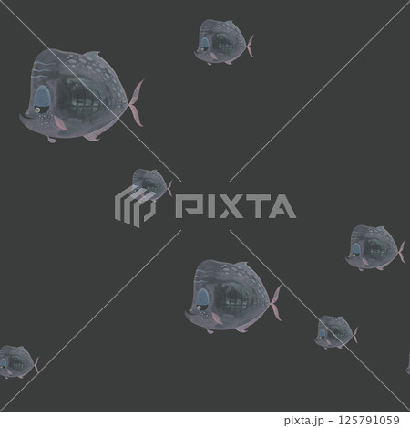 Black seamless marine pattern. Fish watercolor illustration on dark background. Perfect for fashion fabric, luxury product packaging, gift bags, stationary Black seamless marine pattern. Fish watercolor illustration on dark background. Perfect for fashion fabric, luxury product packaging, gift bags, stationary 125791059