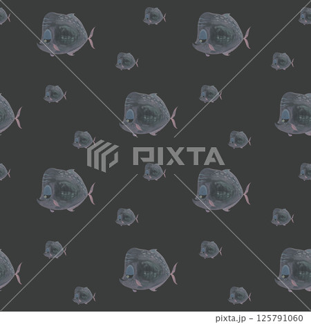 Pale fish pattern on black background. Hand-drawn watercolor illustration. Translucent school of fish in muted tones. Ideal for fabric, stationary, notebook covers, and digital design Pale fish pattern on black background. Hand-drawn watercolor illustration. Translucent school of fish in muted tones. Ideal for fabric, stationary, notebook covers, and digital design 125791060