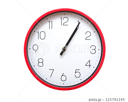 Minimalist red framed wall clock pointing at 01:05 or 13:05. Isolated on white background. Concept of time management. 125791145